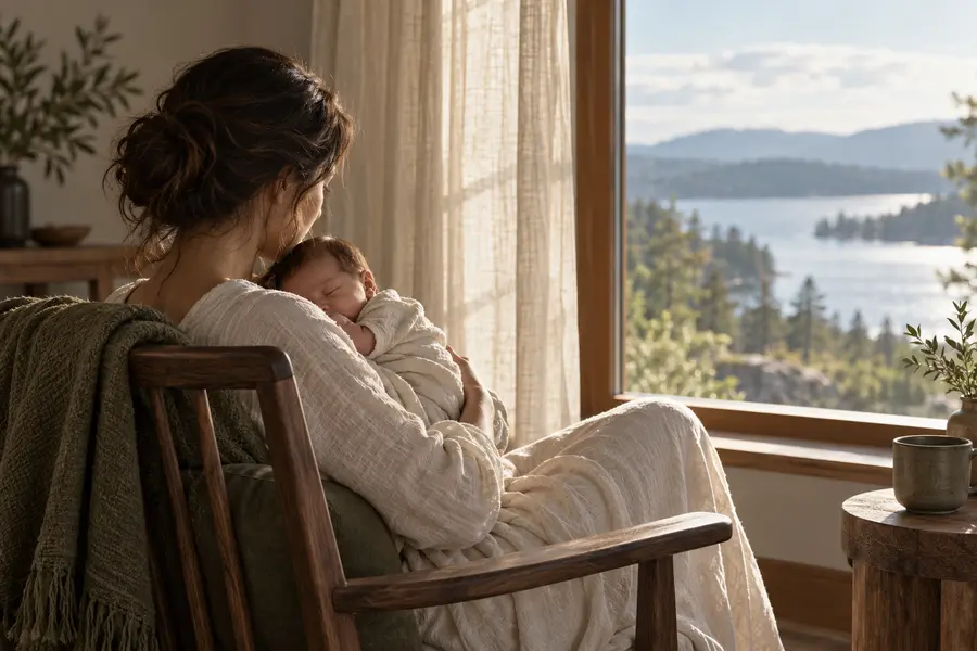Una madre descansa junto a una ventana bañada por la luz de la mañana, con su bebé dormido en brazos. (Imagen generada por IA)
