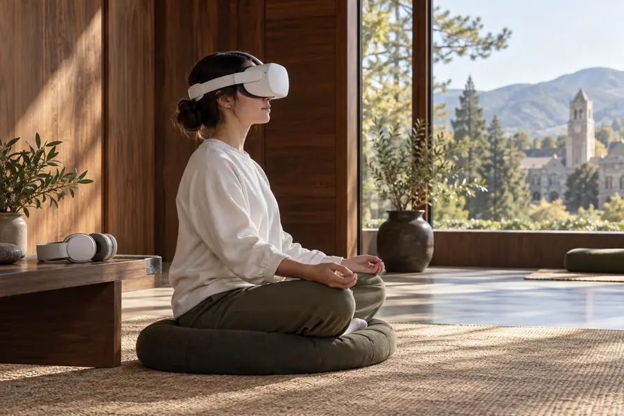 캠퍼스 명상실에서 VR 헤드셋을 쓰고 명상하는 학생 (이미지=AI 생성)