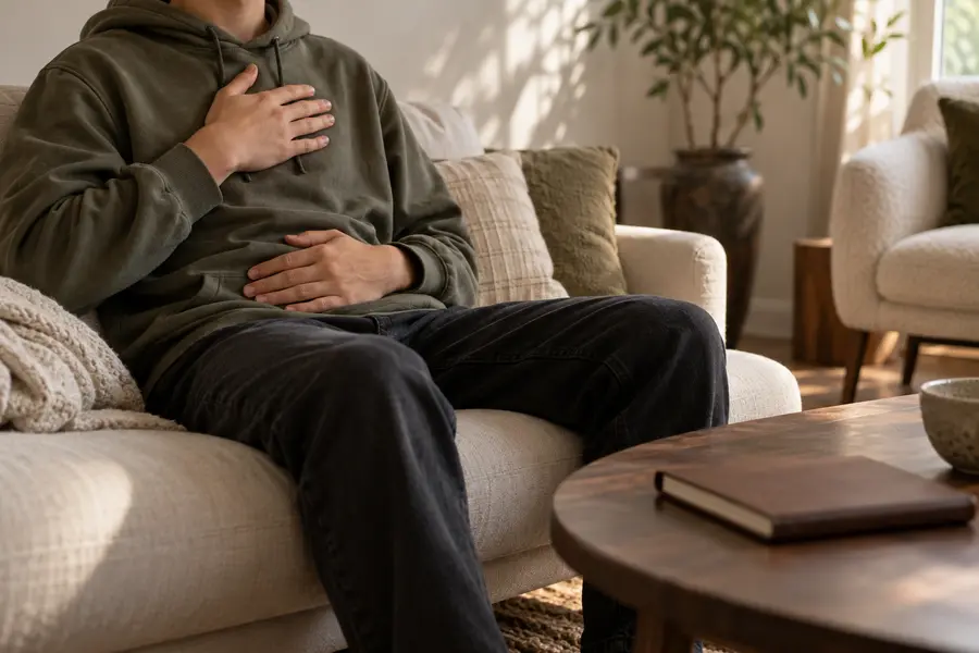 Ejercicio de respiración: una mano sobre el pecho y otra sobre el abdomen para notar el movimiento al respirar. (Imagen generada por IA)