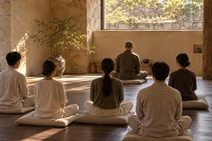 Persone sedute una di fronte all’altra con un insegnante, mentre praticano insieme in una sala di meditazione. (Immagine generata dall’IA)