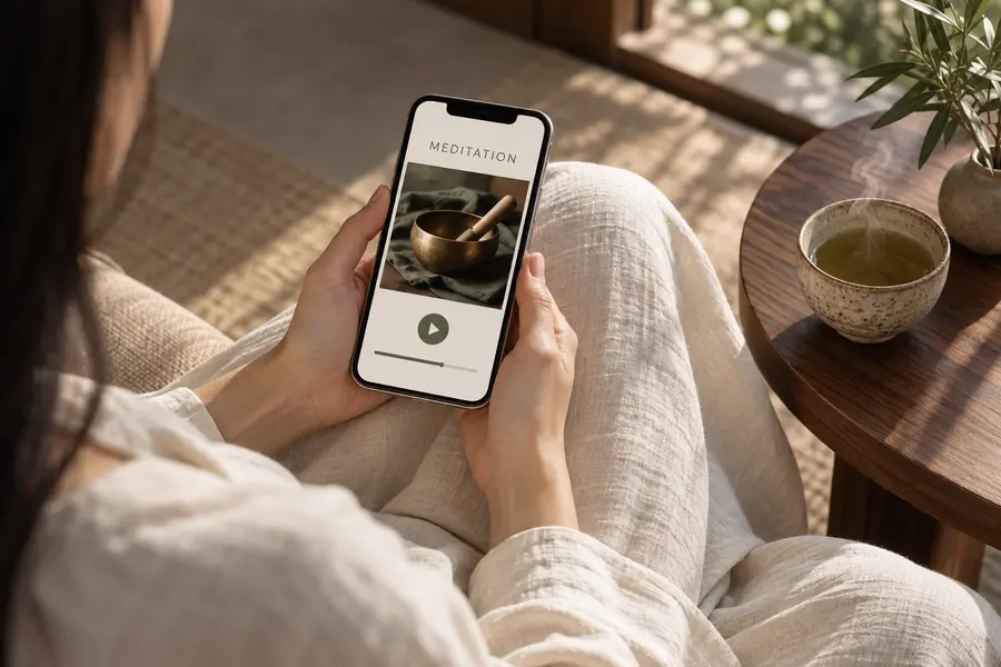 Accanto a una tazza di tè, una persona apre un’app di meditazione e si prepara a iniziare una pratica con le campane tibetane. (Immagine generata dall’IA)