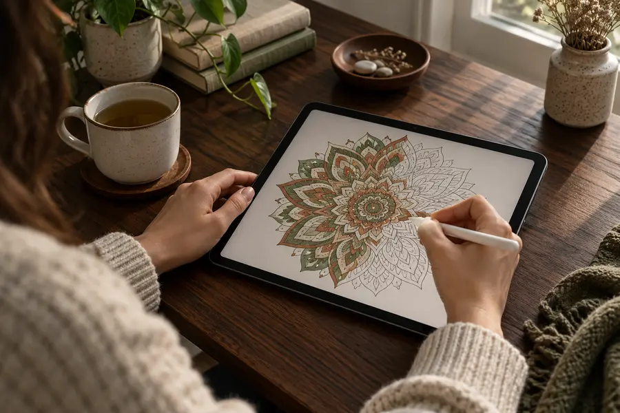 Colorear con atención plena un mandala en una tableta, con una taza de té al lado. (Imagen generada por IA)
