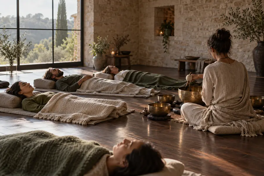 Una sesión de baño de sonido en la que los participantes descansan tumbados bajo mantas mientras resuenan los cuencos tibetanos. (Imagen generada por IA)
