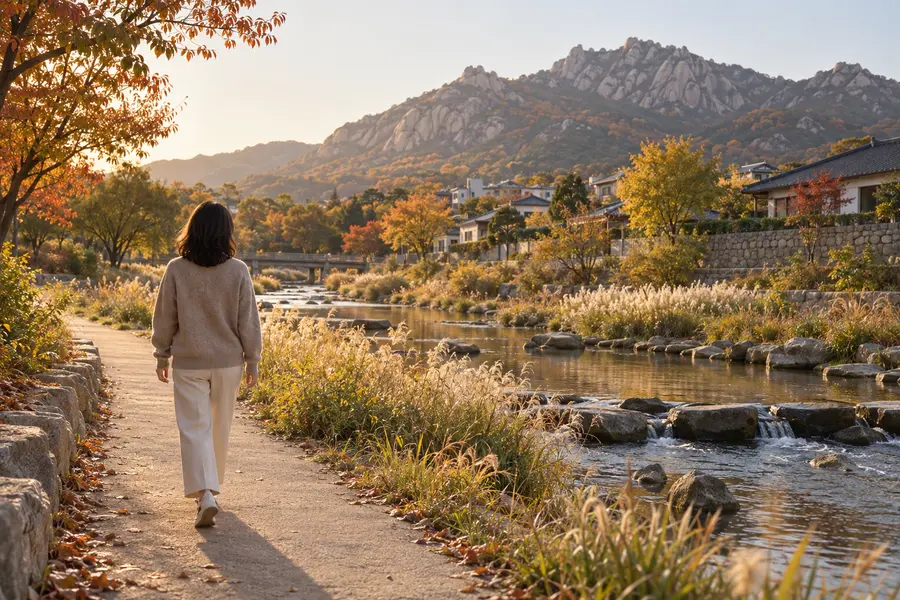 가을 천변 산책로를 천천히 걷는 모습 (이미지=AI 생성)