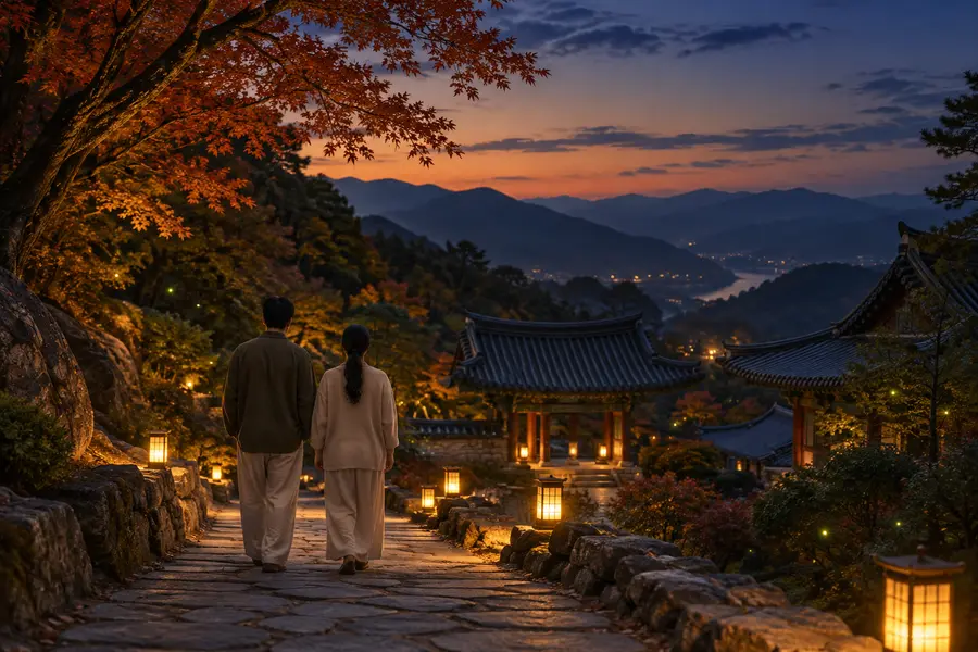 늦가을 저녁 산사 길을 걷는 모습 (이미지=AI 생성)
