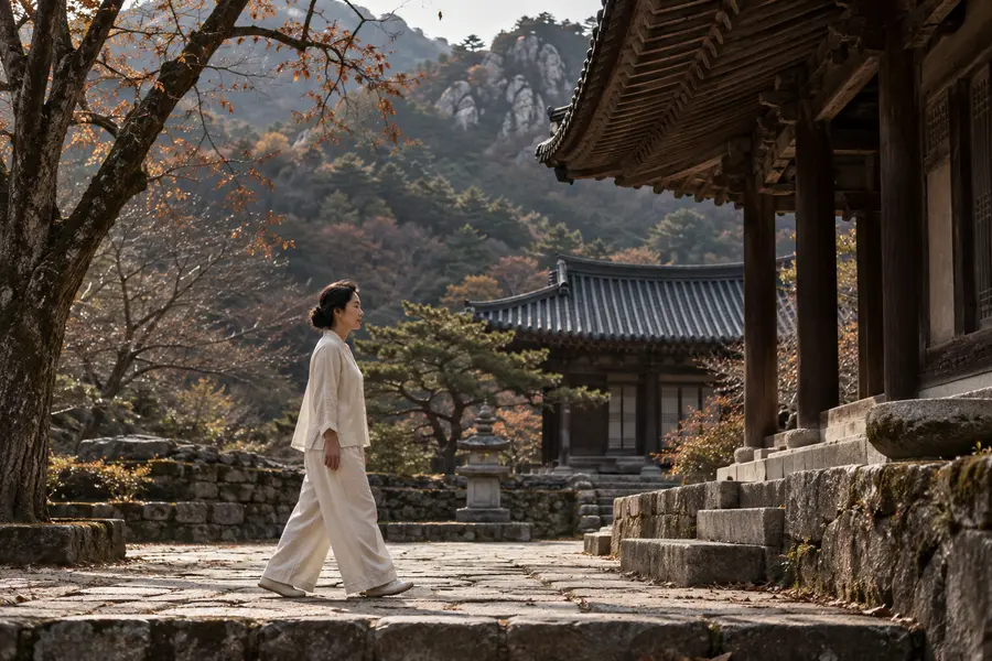 Walking meditation along a stone path at a mountain temple can be an accessible introduction to retreats for people who find it hard to sit for long periods. (AI-generated image)